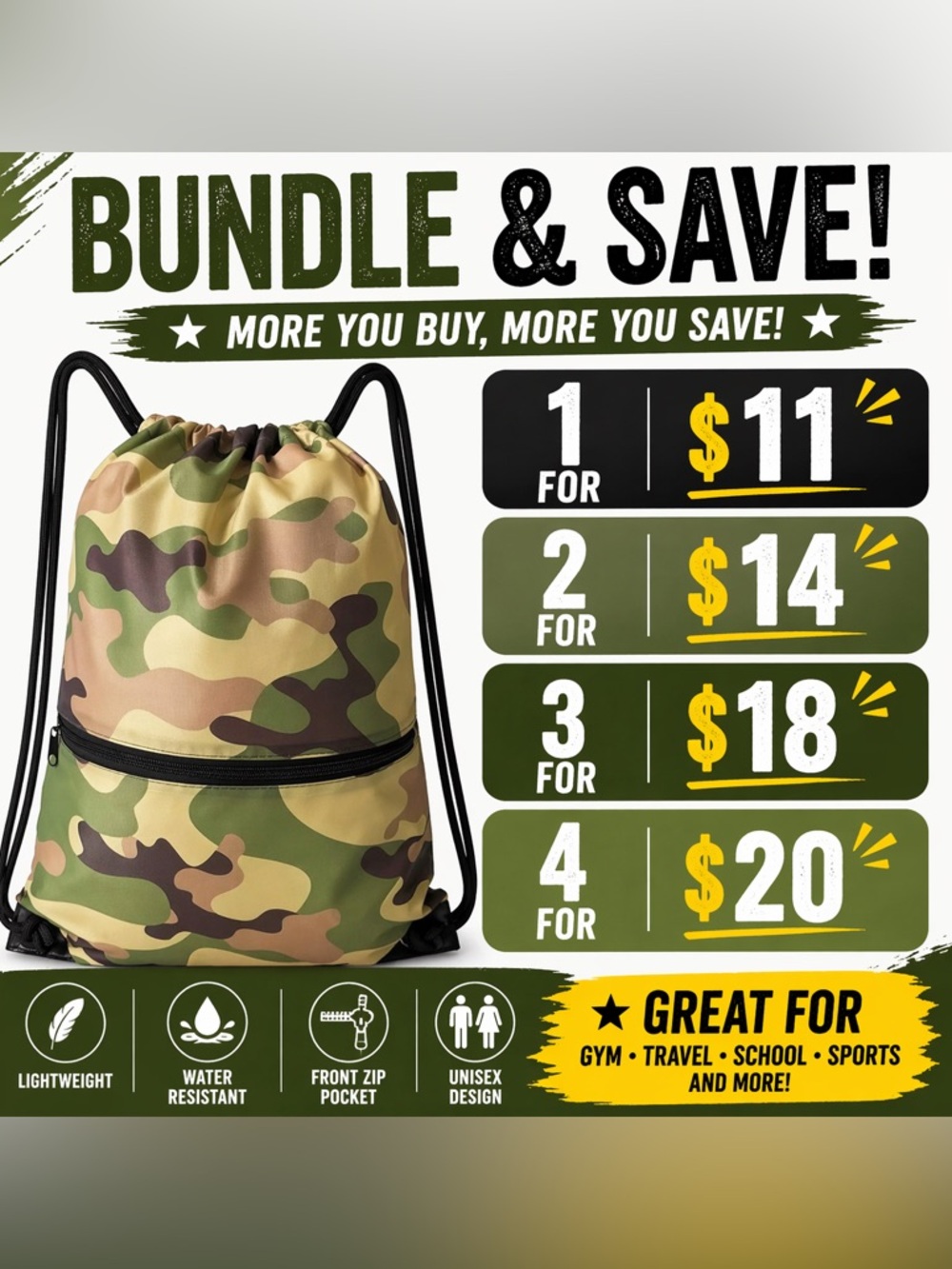 Camo Drawstring Backpack Bundle Deal | 1/$11 2/$14 3/$18 4+ $5 Each Gym Bag